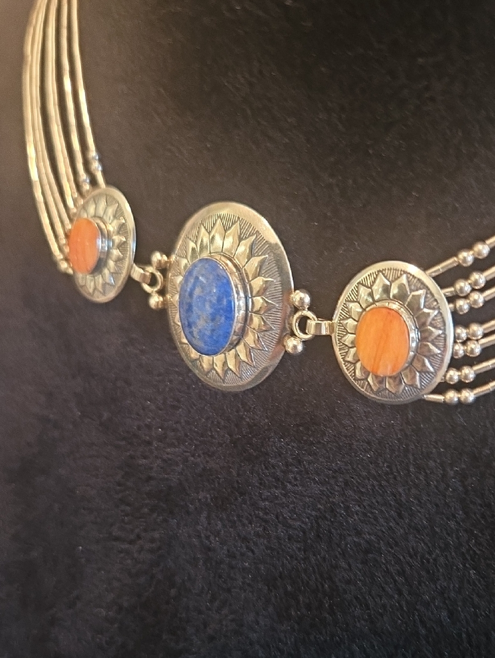 Sterling Silver Multi Strand Necklace with Lapis and Spiny  Coral Side Stones